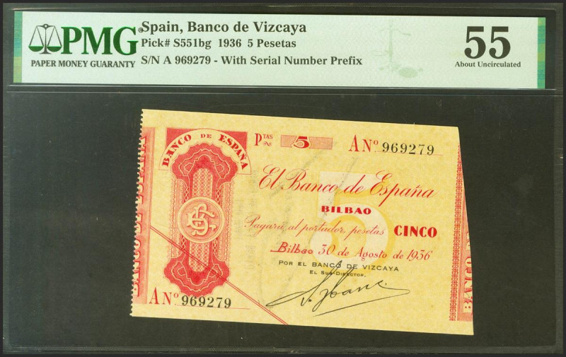 5 Pesetas. 30 de Agosto de 1936. Sucursal de Bilbao, antefirma del Banco de Vizc...