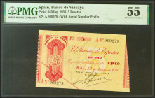 5 Pesetas. 30 de Agosto de 1936. Sucursal de Bilbao, antefirma del Banco de Vizcaya. Serie A. (Edifil 2021: 368Aa, Pick: S551bg). Inusual en esta exce...