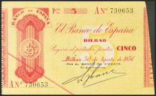 5 Pesetas. 30 de Agosto de 1936. Sucursal de Bilbao, antefirma del Banco de Vizcaya. Serie A. (Edifil 2021: 368Aa). Inusual, ligerísima ondulación que...