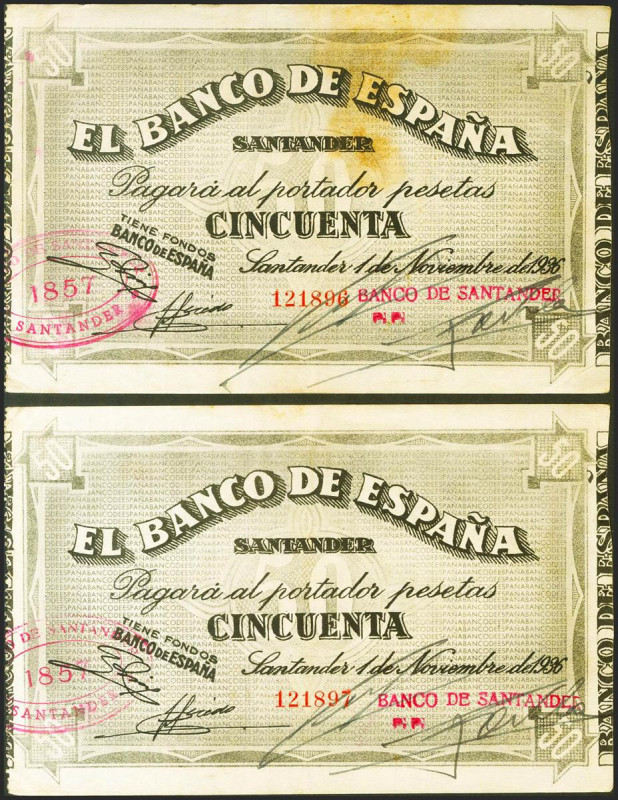 50 Pesetas. 1 de Noviembre de 1936. Pareja correlativa. Banco de España, sucursa...