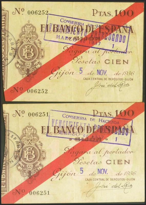 100 Pesetas. 5 de Noviembre de 1936. Sucursal de Gijón. Pareja correlativa. Sin ...