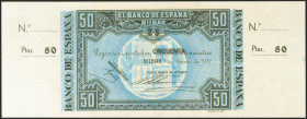 50 Pesetas. 1 de Enero de 1937. Sucursal de Bilbao, antefirma Banco Ahorros Vizcaya. Sin serie y sin numeración, con ambas matrices. (Edifil 2021: 389...