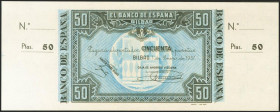 50 Pesetas. 1 de Enero de 1937. Sucursal de Bilbao, antefirma Banco Ahorros Vizcaína. Sin serie y sin numeración, con ambas matrices. (Edifil 2021: 38...