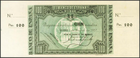 100 Pesetas. 1 de Enero de 1937. Sucursal de Bilbao, antefirma Banco de Bilbao. Sin serie y sin numeración, con ambas matrices. (Edifil 2017: 390a). A...