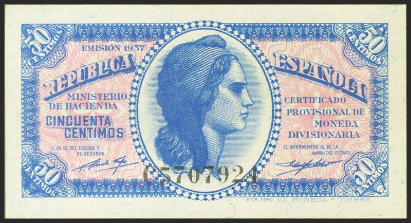 50 Céntimos. 1937. Serie C, última serie emitida. (Edifil 2021: 391a). Apresto o...