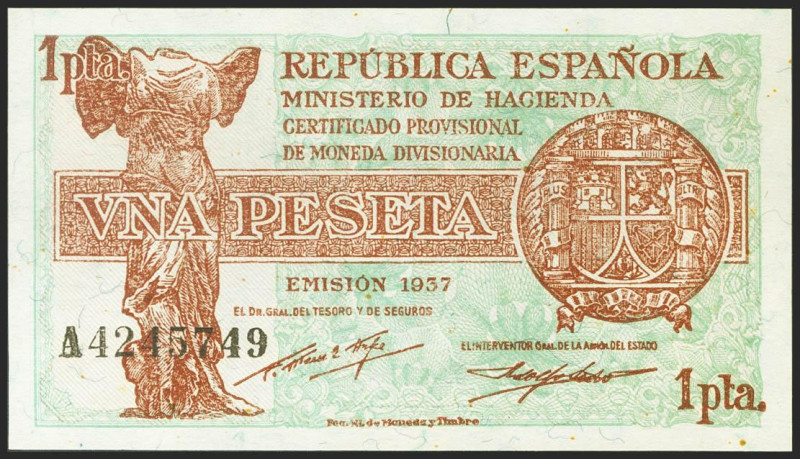 1 Peseta. 1937. Serie A. (Edifil 2021: 392). Apresto original, típicos puntitos....