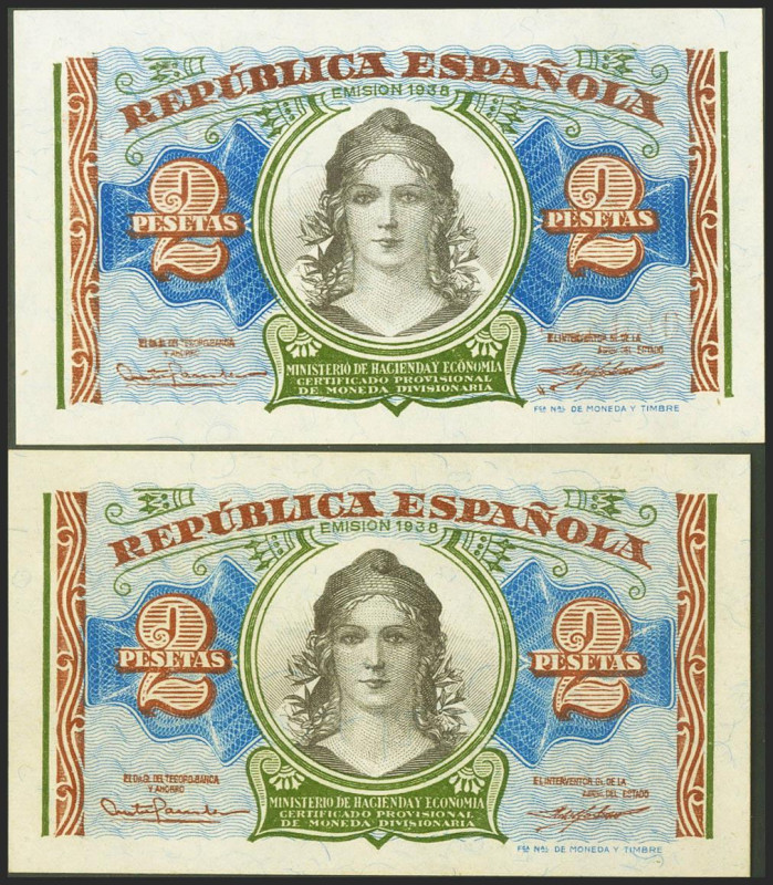 2 Pesetas. 1937. Ministerio de Hacienda. Pareja correlativa. Serie A. (Edifil 20...