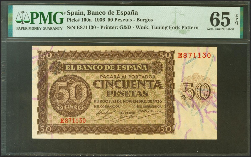 50 Pesetas. 21 de Noviembre de 1936. Serie E. (Edifil 2021: 420a). Inusual en es...