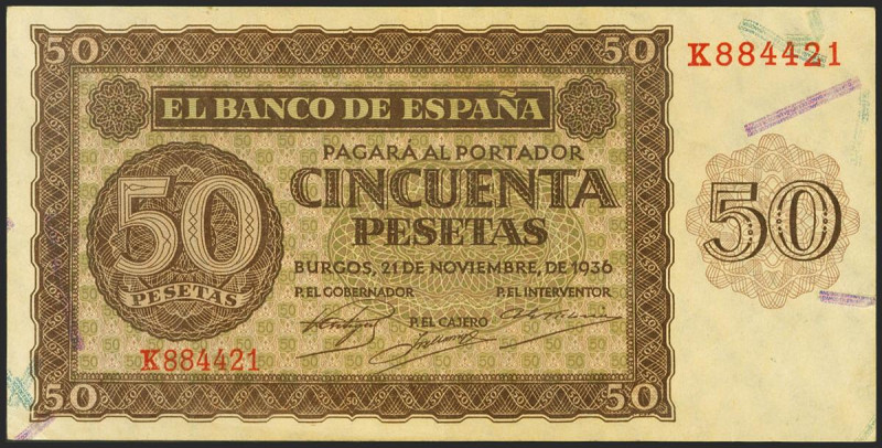 50 Pesetas. 21 de Noviembre de 1936. Serie K. (Edifil 2021: 420a). Conserva gran...