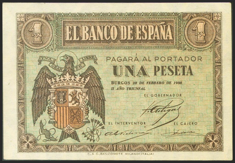 1 Peseta. 28 de Febrero de 1938. Serie F. (Edifil 2021: 427a). Apresto original....