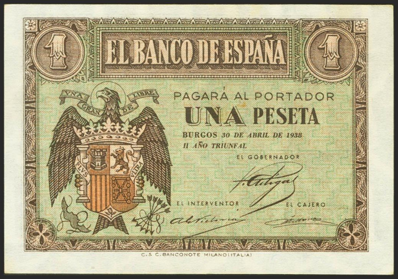 1 Peseta. 30 de Abril de 1938. Serie B. (Edifil 2021: 428a). Apresto original. S...