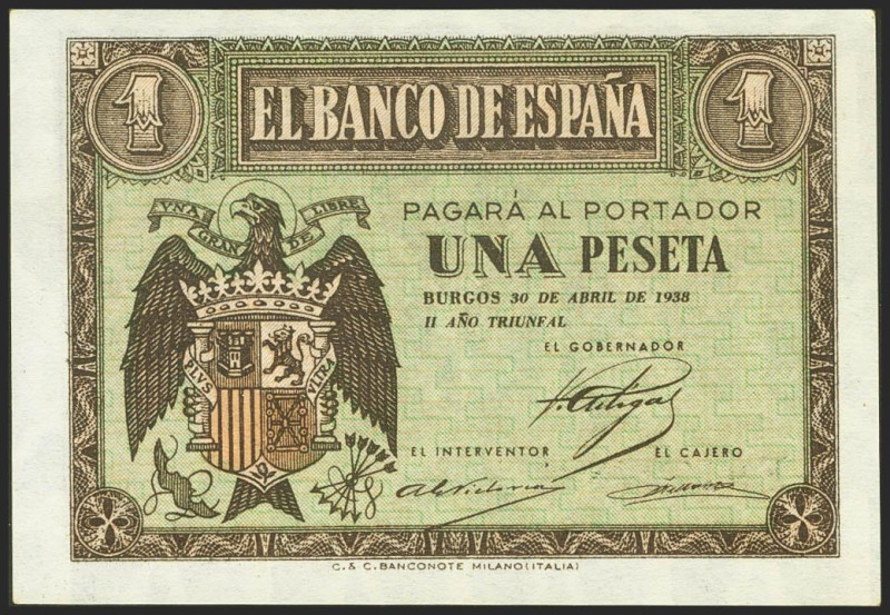 1 Peseta. 30 de Abril de 1938. Serie F. (Edifil 2017: 428a). Apresto original. S...