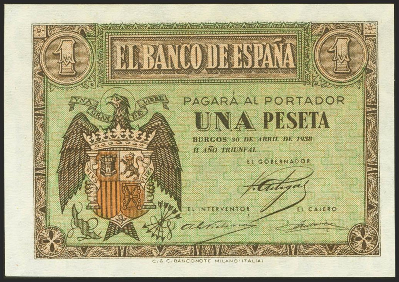 1 Peseta. 30 de Abril de 1938. Serie L. (Edifil 2021: 428a). Apresto original. S...