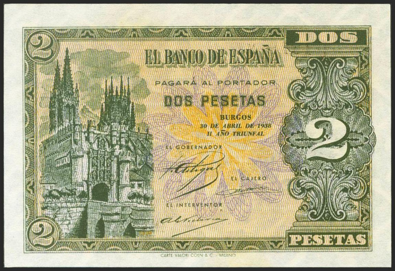 2 Pesetas. 30 de Abril de 1938. Serie D. (Edifil 2021: 429a). Conserva parte de ...