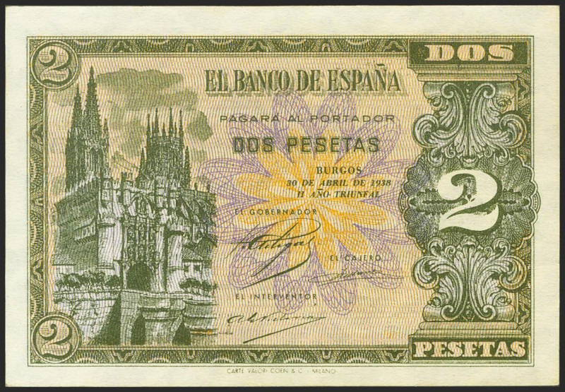 2 Pesetas. 30 de Abril de 1938. Serie H. (Edifil 2021: 429a). Apresto original. ...