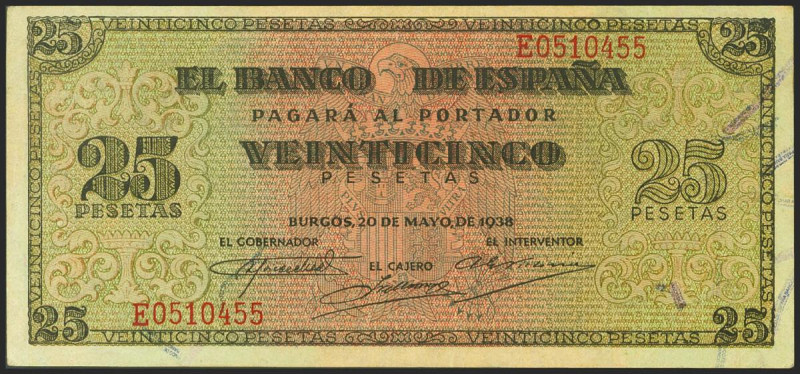 25 Pesetas. 20 de Mayo de 1938. Serie E. (Edifil 2021: 430a). Conserva parte de ...