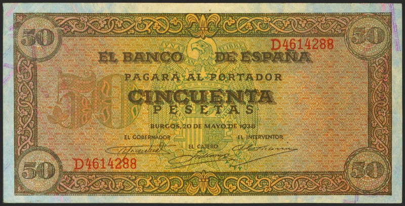 50 Pesetas. 20 de Mayo de 1938. Serie D. (Edifil 2021: 431a). Apresto original, ...