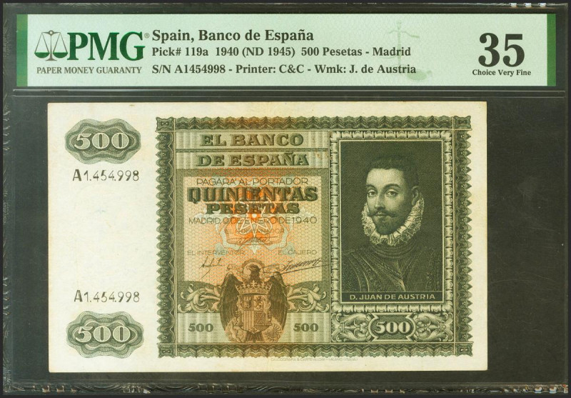 500 Pesetas. 9 de Enero de 1940. Serie A. (Edifil 2021: 439, Pick: 119a). Inusua...