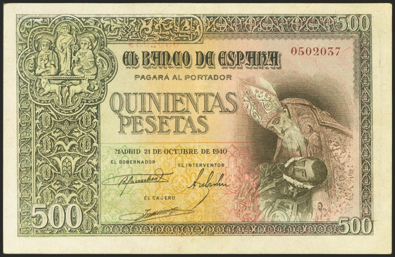 500 Pesetas. 21 de Octubre de 1940. Sin serie. (Edifil 2021: 444). Inusual en es...