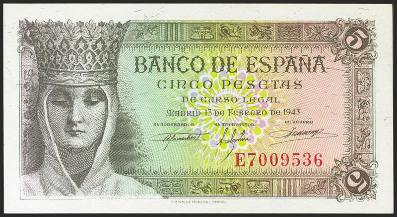 5 Pesetas. 13 de Febrero de 1943. Serie E. (Edifil 2021: 446a). Apresto original...