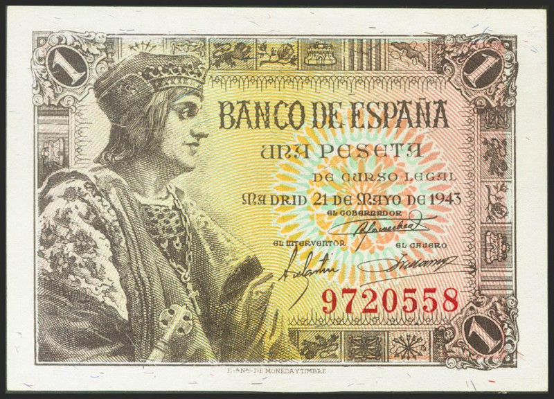 1 Peseta. 21 de Mayo de 1943. Sin serie. (Edifil 2021: 447). Apresto original. S...