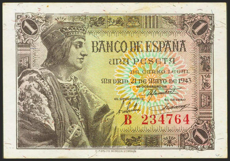 1 Peseta. 21 de Mayo de 1943. Serie B. (Edifil 2021: 447a). Apresto original. EB...