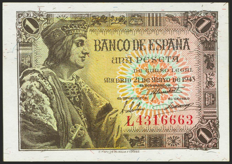 1 Peseta. 21 de Mayo de 1943. Serie L. (Edifil 2021: 447a). Apresto original. SC...