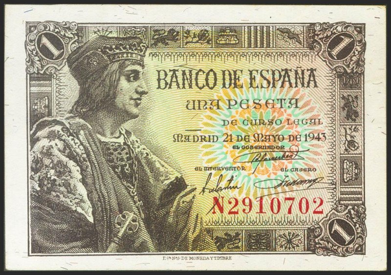 1 Peseta. 21 de Mayo de 1943. Serie N, última serie emitida. (Edifil 2021: 447a)...