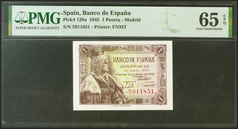 1 Peseta. 15 de Junio de 1945. Sin serie. (Edifil 2021: 448, Pick: 128a). Aprest...