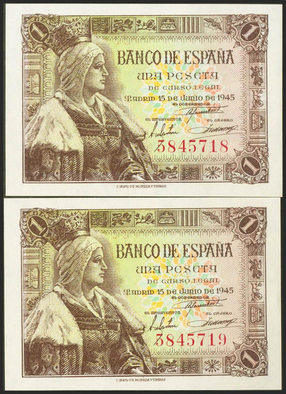 1 Peseta. 15 de Junio de 1945. Pareja correlativa. Sin serie. (Edifil 2021: 448)...