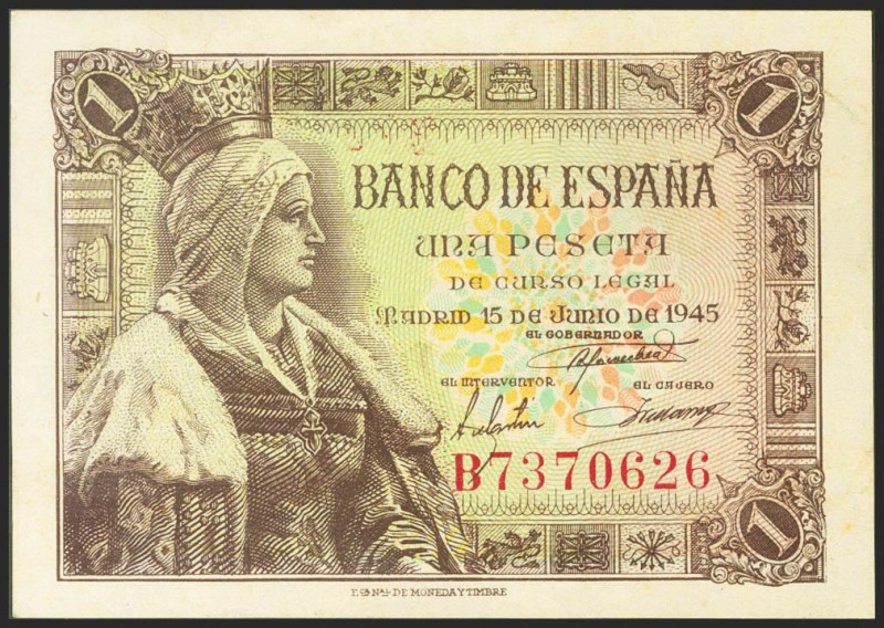 1 Peseta. 15 de Junio de 1945. Serie B. (Edifil 2021: 448a). Apresto original. E...