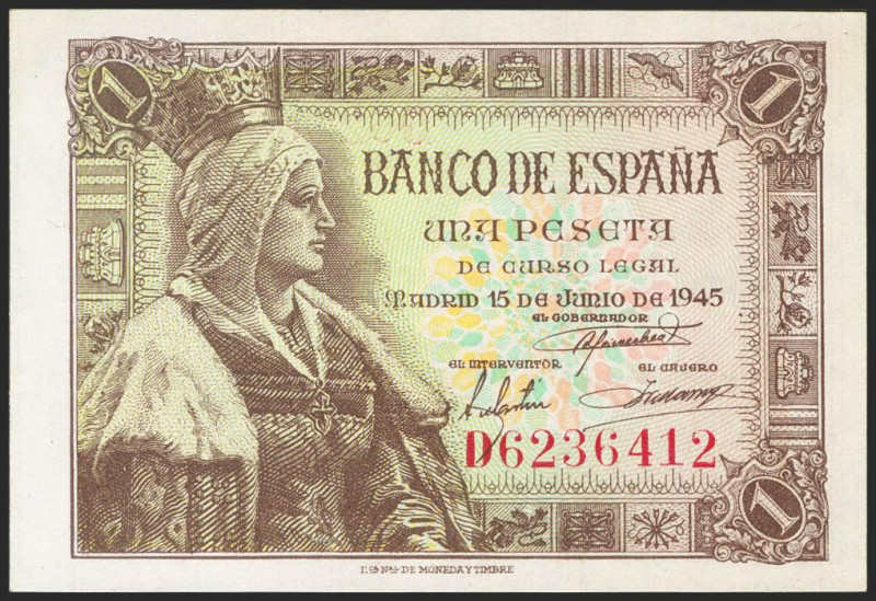 1 Peseta. 15 de Junio de 1945. Serie D. (Edifil 2021: 448a). Apresto original. S...