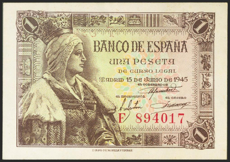 1 Peseta. 15 de Junio de 1945. Serie F. (Edifil 2021: 448a). Apresto original. S...