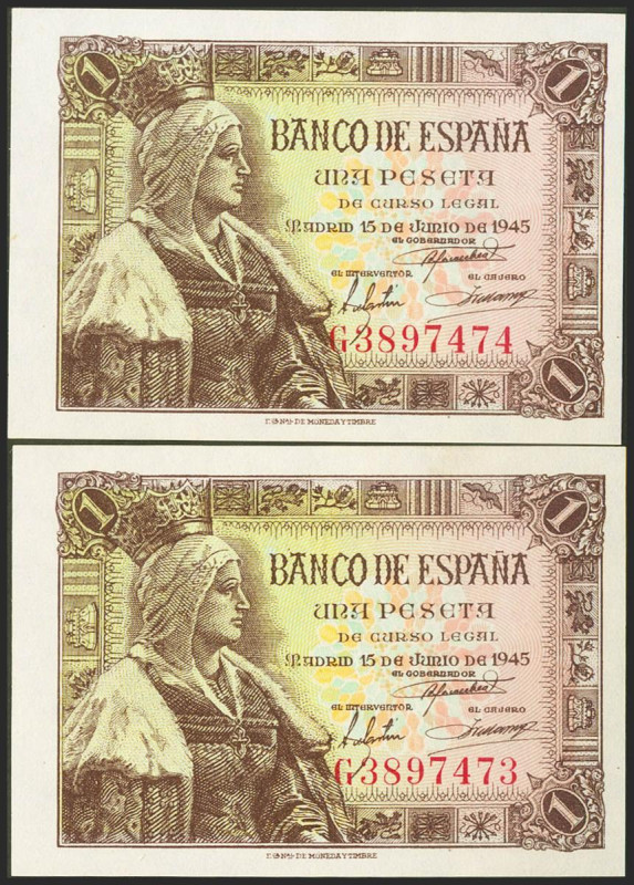 1 Peseta. 15 de Junio de 1945. Pareja correlativa. Serie G. (Edifil 2021: 448a)....