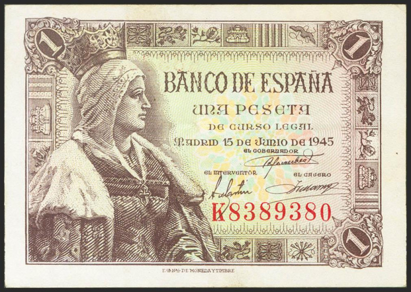 1 Peseta. 15 de Junio de 1945. Serie K. (Edifil 2021: 448a). Conserva gran parte...