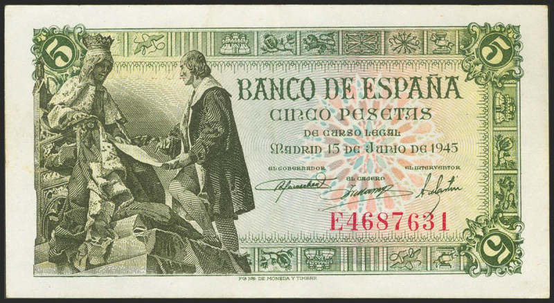 5 Pesetas. 15 de Junio de 1945. Serie E. (Edifil 2021: 449a). Conserva parte de ...