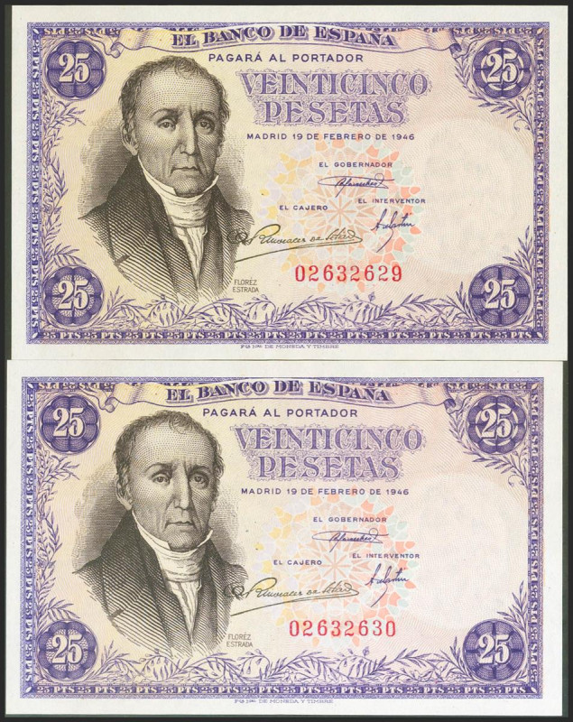 25 Pesetas. 19 de Febrero de 1949. Pareja correlativa. Sin serie. (Edifil 2021: ...