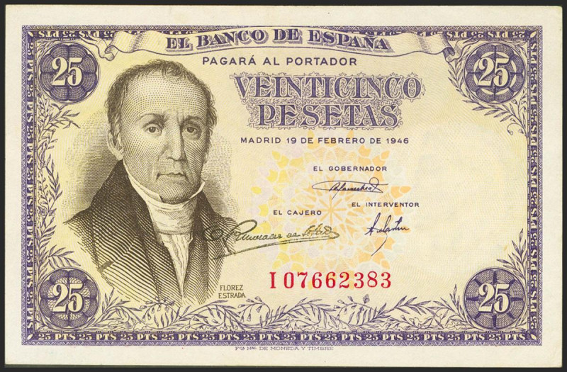 25 Pesetas. 19 de Febrero de 1946. Serie I. (Edifil 2021: 450a). Conserva parte ...