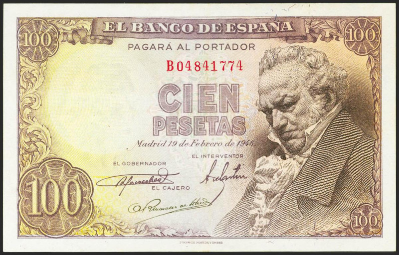 100 Pesetas. 19 de Febrero de 1946. Serie B. (Edifil 2021: 451b). EBC-.