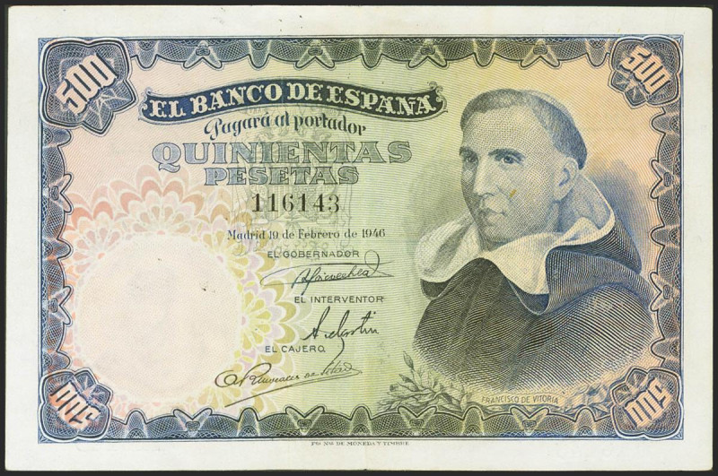 500 Pesetas. 19 de Febrero de 1946. Sin serie. (Edifil 2021: 452). Inusual, en e...