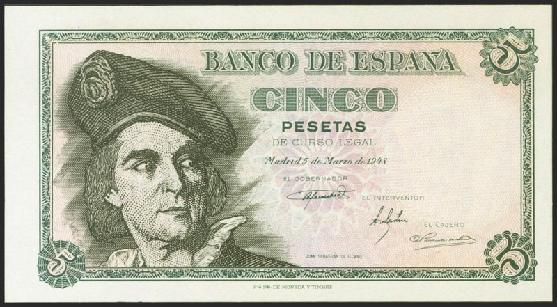 5 Pesetas. 5 de Marzo de 1948. Serie E. (Edifil 2021: 455a). Apresto original. S...