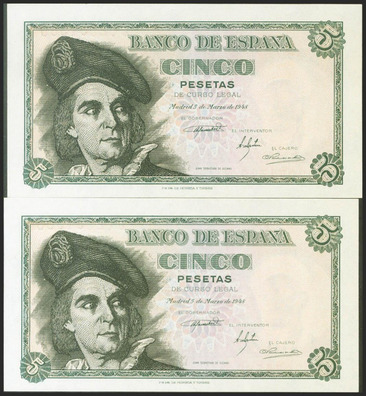 5 Pesetas. 5 de Marzo de 1948. Pareja correlativa. Serie J. (Edifil 2021: 455a)....