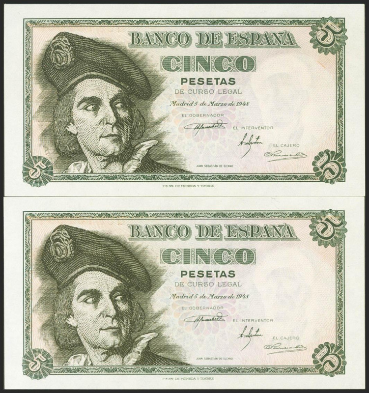 5 Pesetas. 5 de Marzo de 1948. Pareja correlativa. Serie L. (Edifil 2021: 455a)....