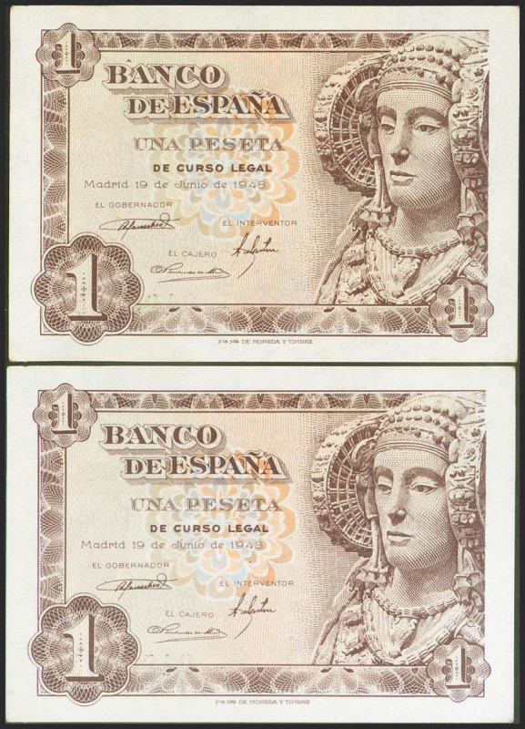 1 Peseta. 19 de Junio de 1948. Pareja correlativa. Sin serie. (Edifil 2021: 457)...