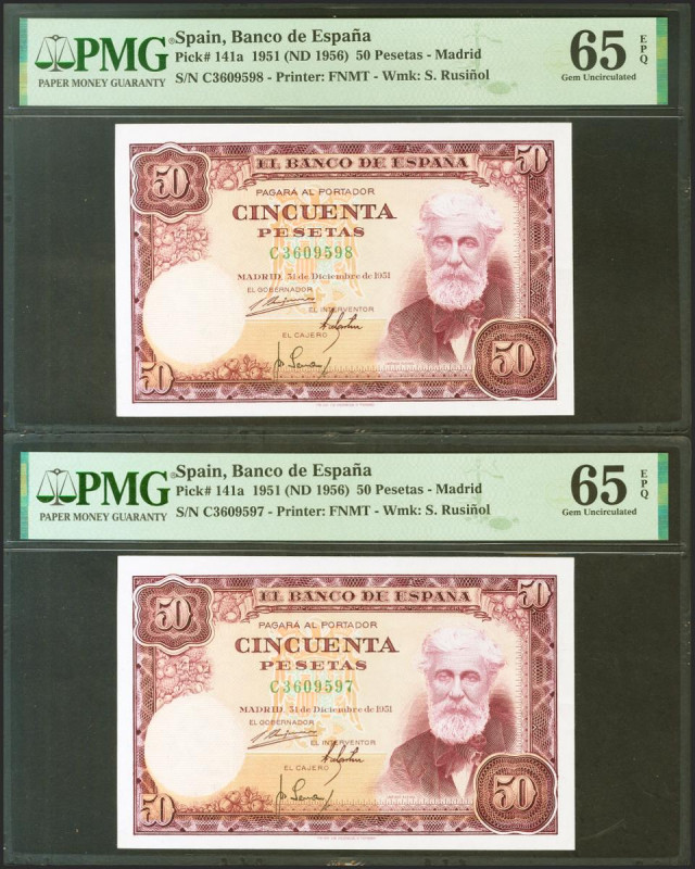 50 Pesetas. 31 de Diciembre de 1951. Pareja correlativa. Serie C. (EDifil 2021: ...