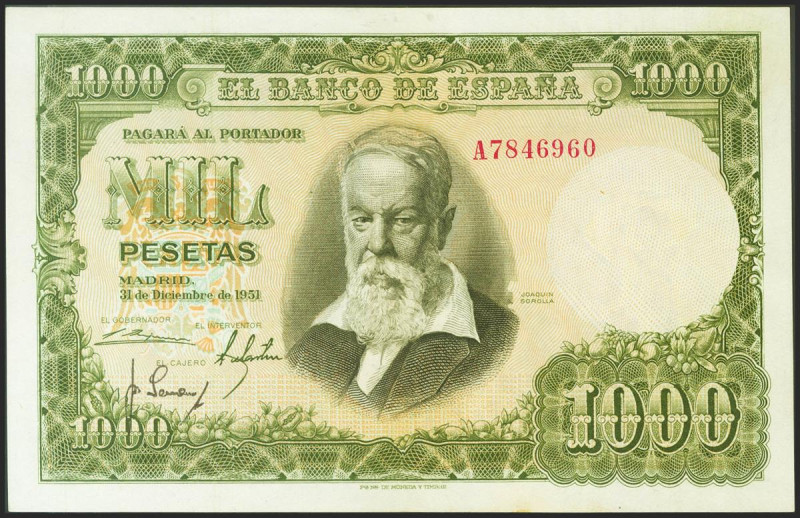 1000 Pesetas. 31 de Diciembre de 1951. Serie A. (Edifil 2021: 463a). Conserva pa...