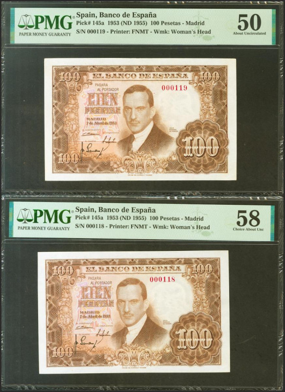 100 Pesetas. 7 de Abril de 1953. Pareja correlativa. Sin serie y numeración extr...