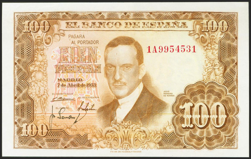 100 Pesetas. 7 de Abril de 1953. Serie 1A. (Edifil 2021: 464c). Apresto original...