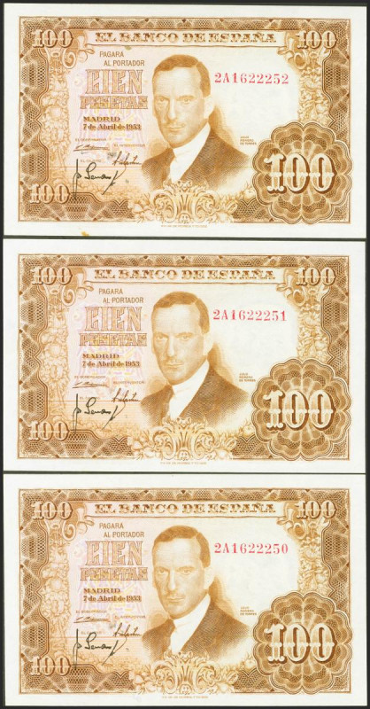 100 Pesetas. 7 de Abril de 1953. Trío correlativo. Serie 2A. (Edifil 2017: 464c)...