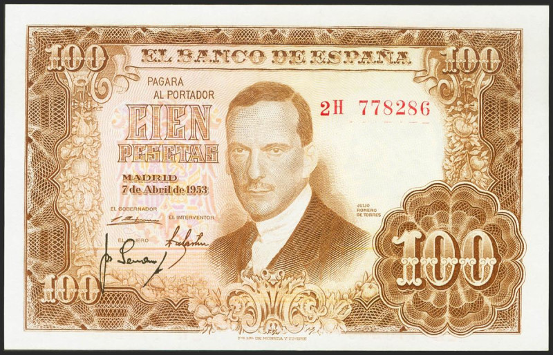 100 Pesetas. 7 de Abril de 1953. Serie 2H. (Edifil 2021: 464c). Apresto original...